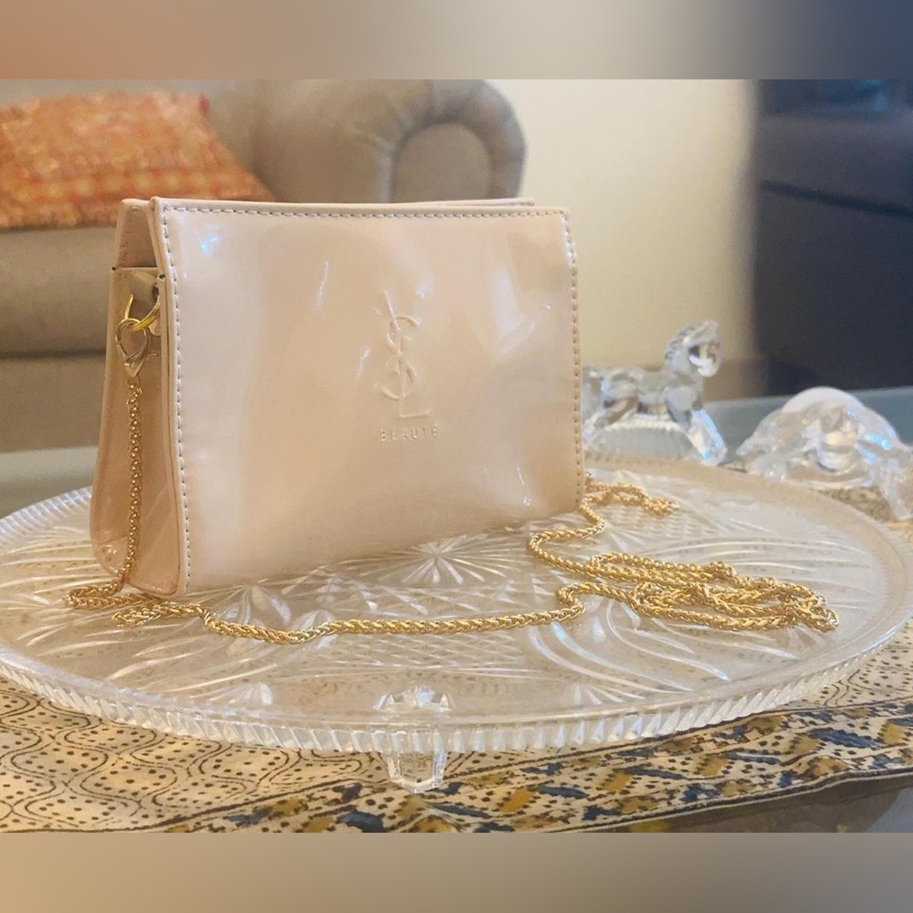 Yves Saint Laurent Beaute Beige Cosmetic Clutch with Stunning Gold Chai& Charm